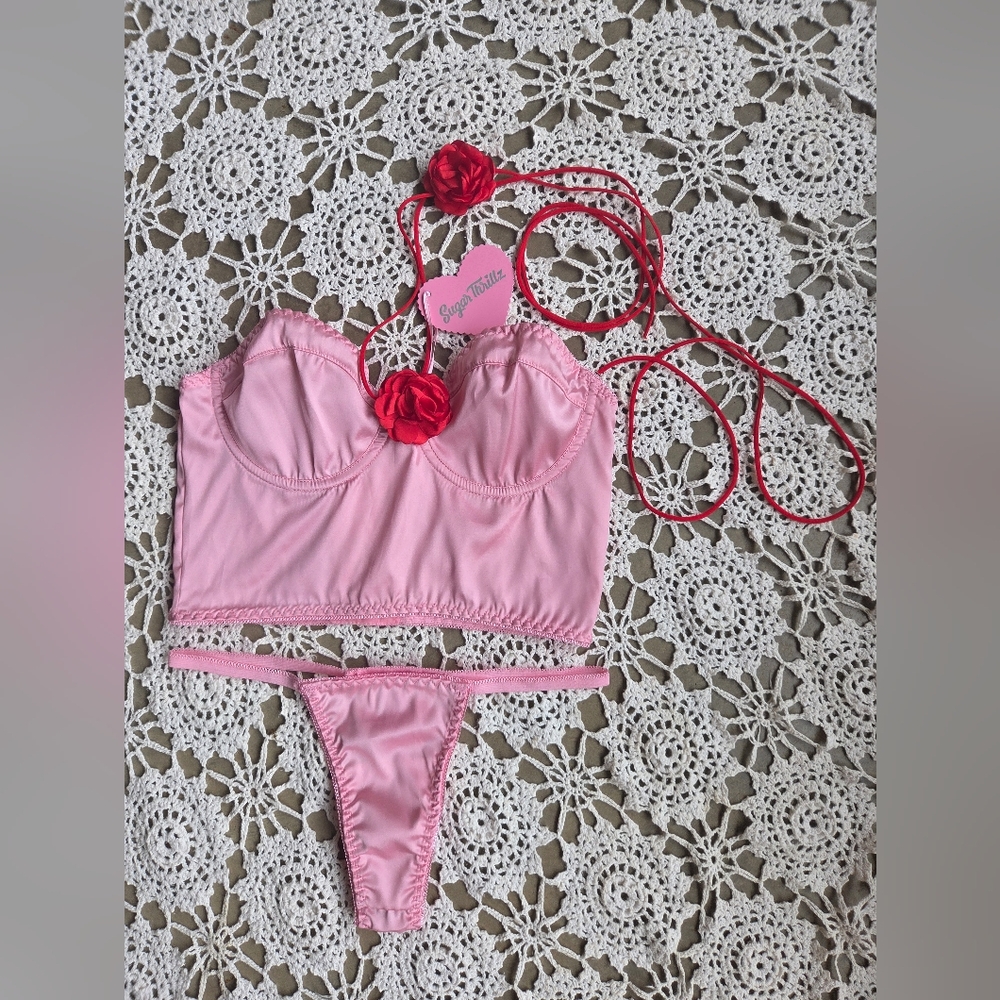 Dolls Kill Sugar Thrillz Floral Pink & Red Sultry Surrender Lingerie Set